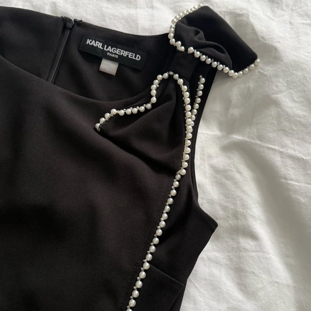 Karl Lagerfeld Paris Black Sleeveless Gown w/ Pearl Trim | Size 4 - Picture 5 of 11